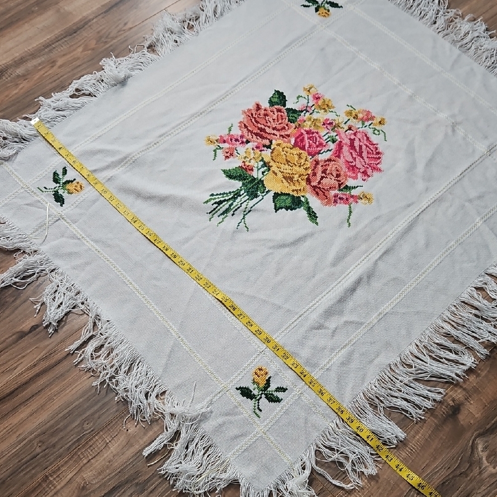 Vintage Handmade Cross-stitched Floral Table Runner Table Topper - Picture 4 of 8